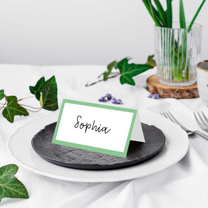 25 Pack Green Border Place Cards, Editable Name Cards for Table Setting, Tent Cards Food Label for Dinner Party, Bridal Shower, Wedding, Baby Shower and Events -T25