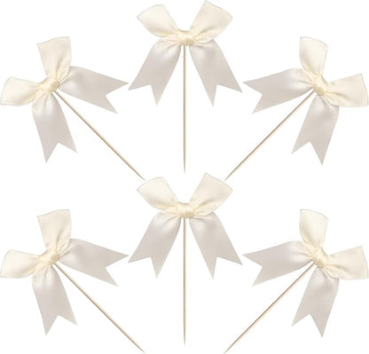 24 PCS Bow Cupcake Toppers Bowknot Coquette Bow Girls Birthday Cake Decorations Bow Cake Toppers Bowknot Cupcake Picks for Baby Shower Birthday Wedding Bridal Engagement Party Supplies Beige
