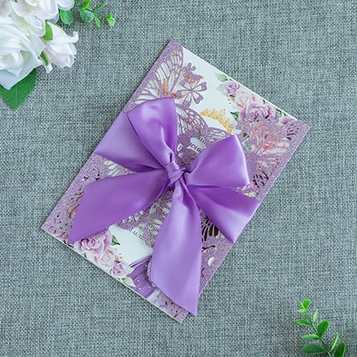 20 PCS 5.12x7.2 Butterfly Personalized Quinceanera Invitation, Customized XV Anos Laser Cut Invitation Cards with Envelopes (Purple Glitter Personalized)