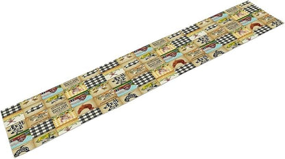 Farmhouse Animals Table Runner,Rustic Cabin Pig Chicken Cow Sunflowers Geometric Grids Burlap for Hotel Indoors Outdoor Dining Room Kitchen Holiday Party, 13x60in