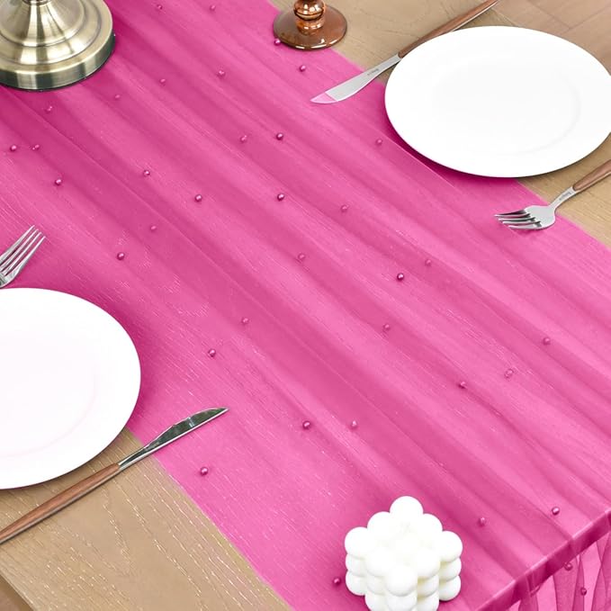 Joanlody Fall Fuschia Pearl Table Runner 10ft Rustic Boho Tulle Table Runner with Pearls for Baby Shower Wedding Party Veil Dessert Thanksgiving Table Decor Hot Pink