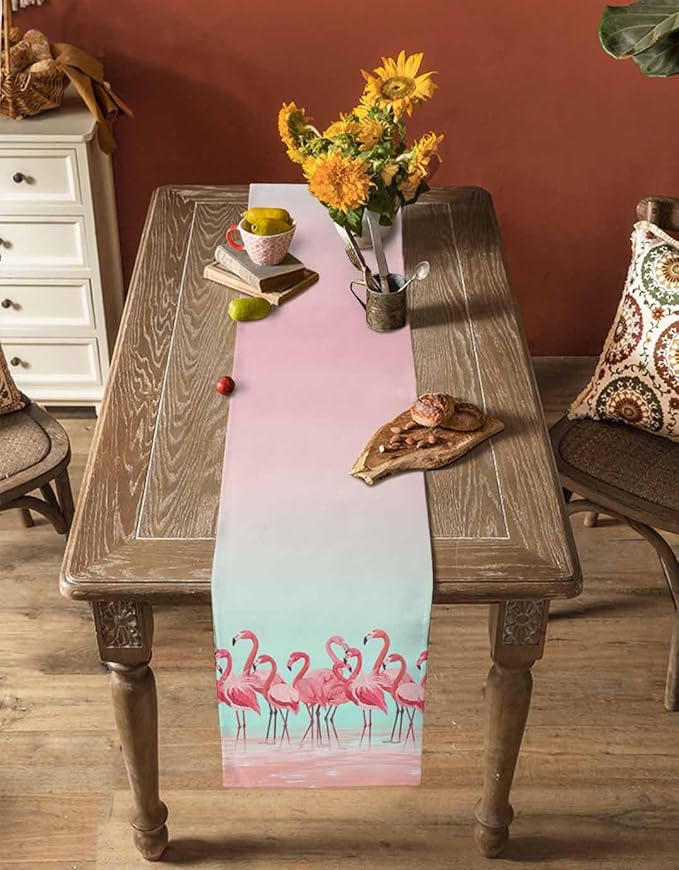 Tropical Flamingo Cotton Linen Table Runner for Dining Kitchen, Wedding Outdoor Party Tablerunners Decoration, Pink Bird Coastal Nautical Animal Dresser Scarf Coffee Tablecloth Runners 13x120 Inches