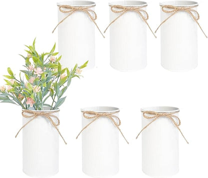 6" High Farmhouse Vases for Centerpiece, Rustic Mason Jars with Twine Bow for Flowers, Vintage Galvanized Metal Vase Tin Bucket for Wedding Home Decor (White, 6Pcs)