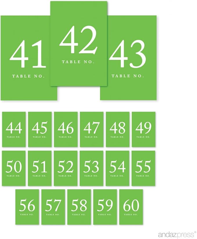 Andaz Press Kiwi Green Wedding Table Numbers 41-60, 4x6-Inches Table Number Cards For Wedding Reception, Table Number For Seating Chart For Wedding Reception, Restaurant, Classroom, Boda