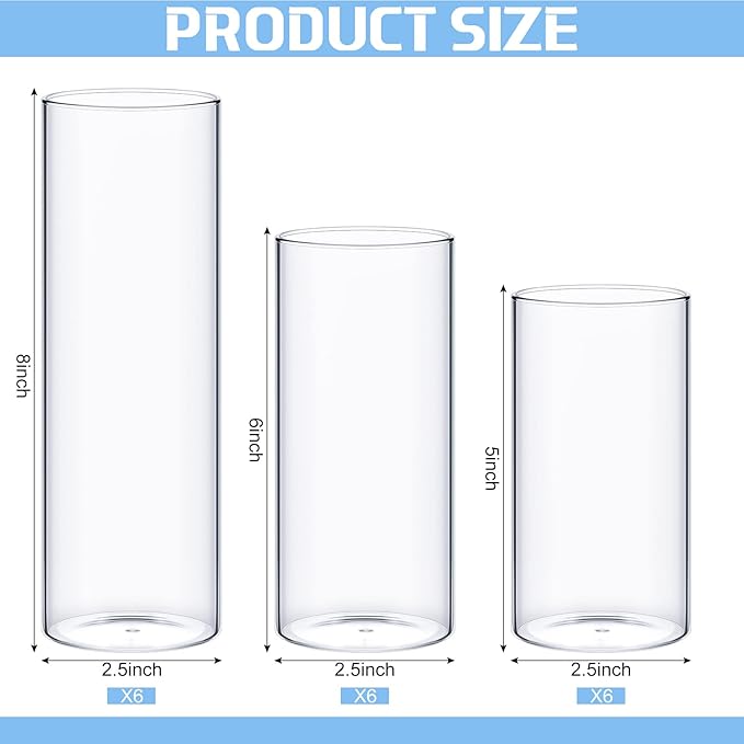 Sawysine 18 Pcs Glass Cylinder Vases 2.5''/2.95''/3.9'' Diameter Clear Flowers Vase Hurricane Floating Candles Holders for Table Centerpieces (2.5 x 5 in,2.5 x 6 in,2.5 x 8 in)