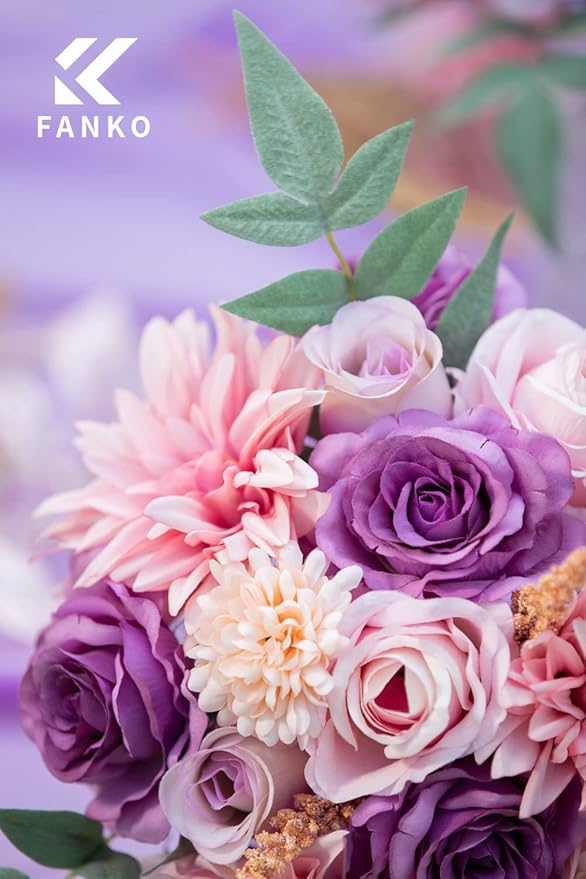 FANKO Rose Artificial Flowers Combo for DIY, Fake Purple Rose Artificial Silk Flowers with Greenery, Real Looking Artificial Faux Flowers for Wedding, Table Decoration, Centerpieces, Party, Home Décor