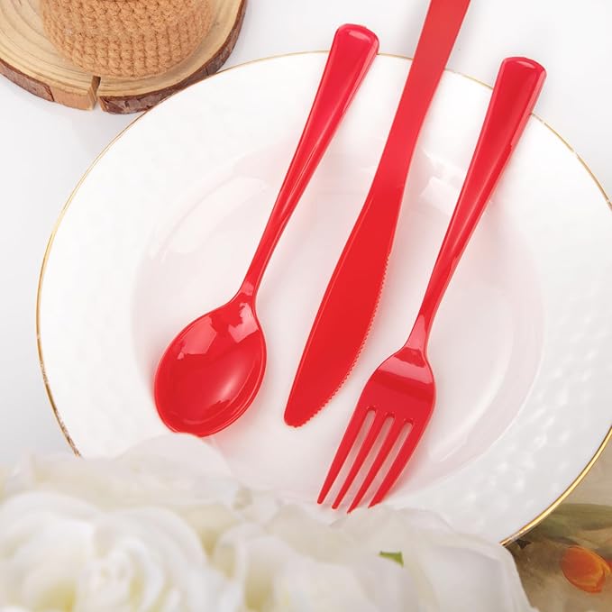 WDF 160 Piece Heavy Duty Silverware - Red Plastic Utensils with 80 Forks, 40 Spoons, 40 Knives - Perfect for Christmas Parties & Daily Use