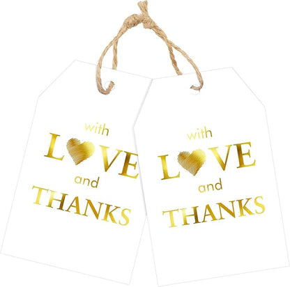 joycraft 50PCS Gold Foil Thank You Tags with String – White Gift Wrapping Hangtags, Paper Hang Tags for Wedding, Baby Shower, for Guests, Favor Hangtags