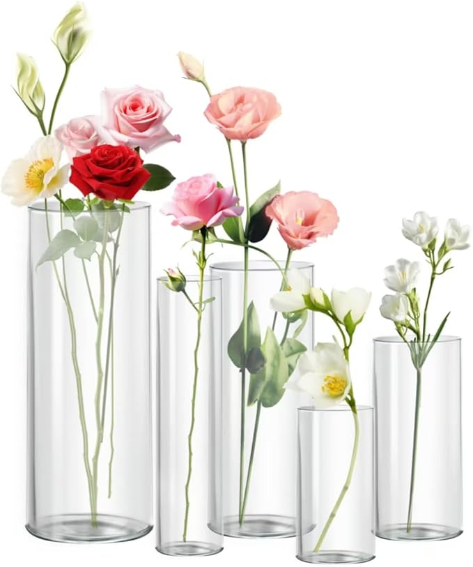Clear Glass Vase for Centerpieces, 4,6,7.5,8,10 inch Tall Set of 5 Cylinder Flower Vase Bulk Floating Candle Holder for Wedding Table Home Décor and Party