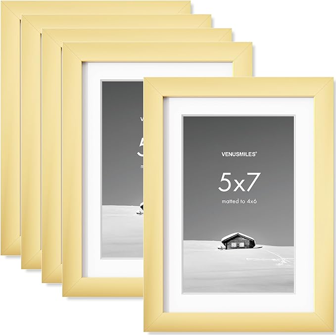 5x7 inch Picture Frame, 5x7 Photo Frames with 4x6 Removable Mat - High Definition Plexiglass - Vertical and Horizontal Display - Wall Hanging Frame - Gold, 5 Pack