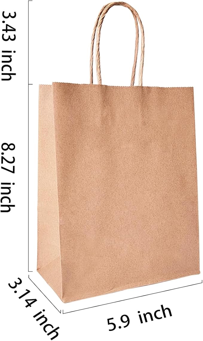 BAG BOX 25 Pack 5.9x3.1x8.25 Inch Brown Gift Bags with Handles,Bulk Kraft Paper Bags for Shopping, Retail, Merchandise, Wedding, Party Favors, Paper Grocery Sacks