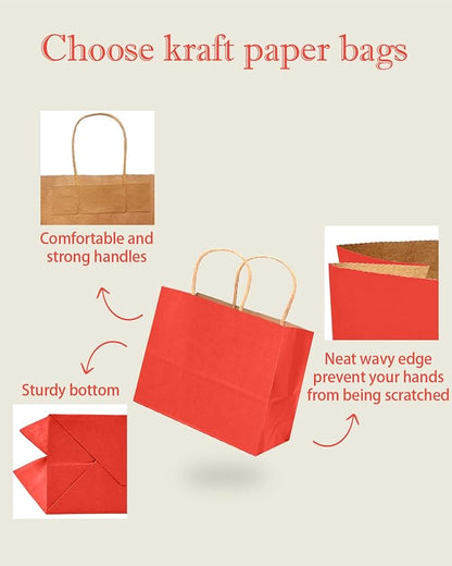 qiqee 100PCS Large Gift Bag with Handles Bulk 13"x4.5"x10" Gift Bags Kraft Red Multiple Uses (32x11x25cm,Wide Large)