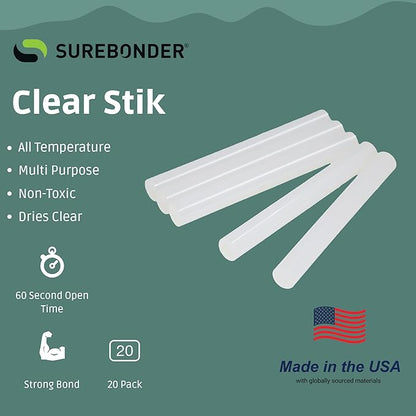 Surebonder Full-Size Hot Glue Sticks for Craft, DIY, and Repairs, All Purpose, All Temperature - 4-Inch Length - 20 Pack, Clear