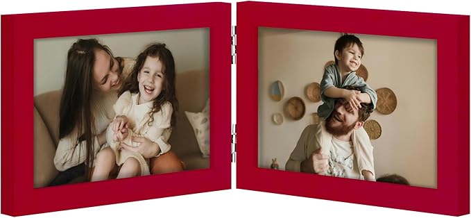 decorUhome Double 6x4 Picture Frame Horizontal, Engineered Wood Bifold Photo Frame with Plexiglass for Tabletop Display, 6x4, Red