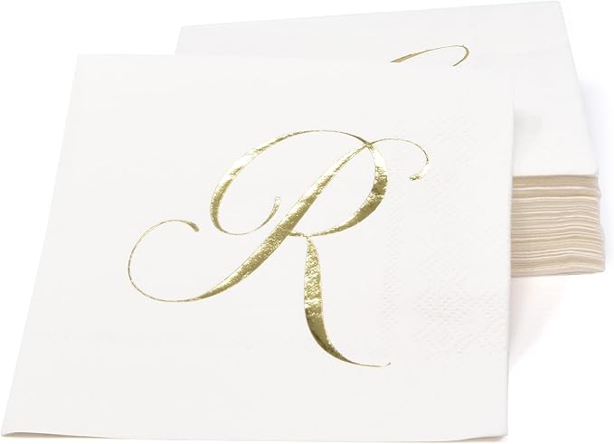Gift Boutique 100 Gold Monogram Cocktail Napkins Letter R Disposable Paper Pack Elegant Metallic Golden Foil Hand Napkin for Powder Room Wedding Holiday Birthday Party Baby Shower Decorative Towels