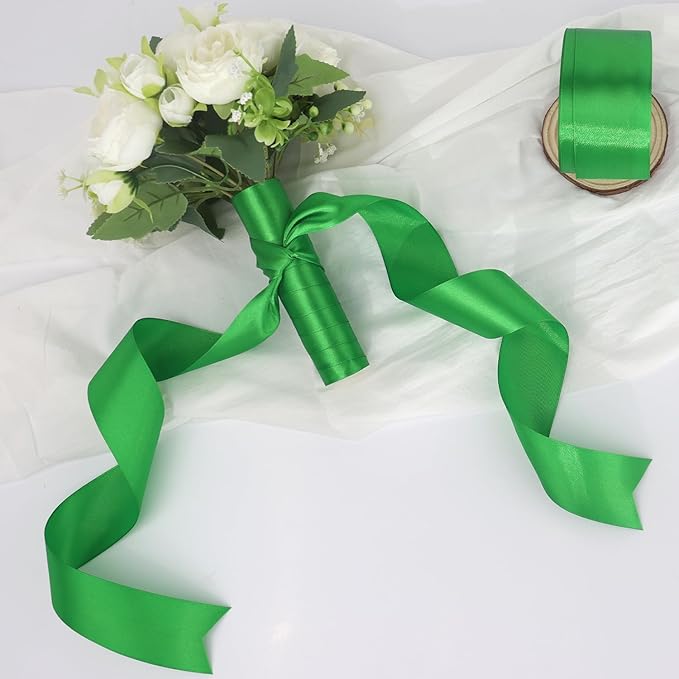 Green Solid Satin Ribbon 2 Inch 25 Yards Solid Polyester Fabric Ribbon for Gift Wrapping Wedding Christmas Baby Shower Birthday Party Decoration Handmade Immortal Flower Craft