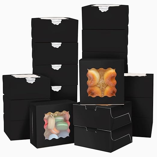 Bakepacker Black Bakery Boxes with Window 6x6x3 inches Thick & Sturdy Macaroon Pastry Boxes Cookie Boxes for Bakerys（60-Packs）