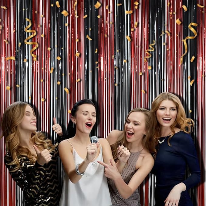BRAVESHINE Tinsel Photo Backdrop Curtains - 2 Pack 3.2x8.2ft Black Red Foil Fringe Streamer Curtain for Halloweens, Lantern, Pumpkin, Home, Indoor or Outdoor Party Supplies Decorations