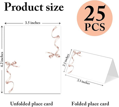 25 Pack Pink Bow Place Cards, Editable Name Cards for Table Setting, Tent Cards Food Label for Dinner Party, Bridal Shower, Wedding, Baby Shower and Events -T28