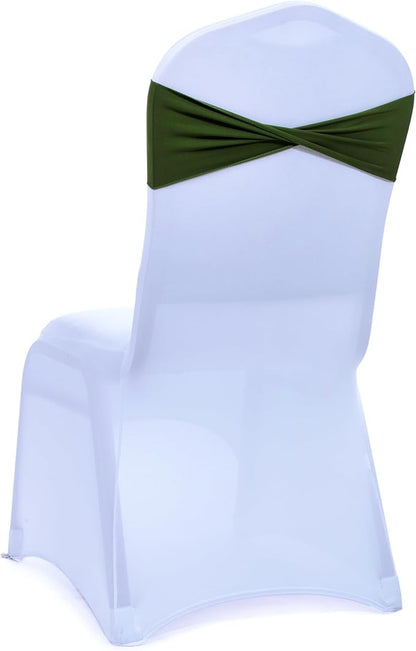 MDS Pack of 150 Spandex Chair Sashes Bows Elastic Stretch Dining Chair Bands Ties Without Slider Buckle Universal fits for Wedding Baby Shower Birthday Party Banquet Event Decoration - Olive Green