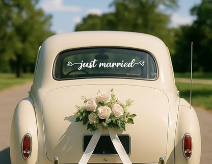 Just Married Vinyl Decal – White Wedding Car Sticker, 28 x 3.8 inch, Just Married Car Window Decal for Newlyweds, Waterproof Wedding Decoration for Rear Windshield or Bumper.