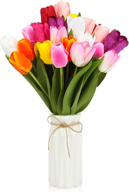27pcs Colorful Artificial Flowers Tulips, Tulips with 1pc Plastic Vase, Fake Flowers Real Touch Flower 13.9", Christmas, Mother's Day, Easter, Valentine's Day, Family Kitchen, Wedding Decorations