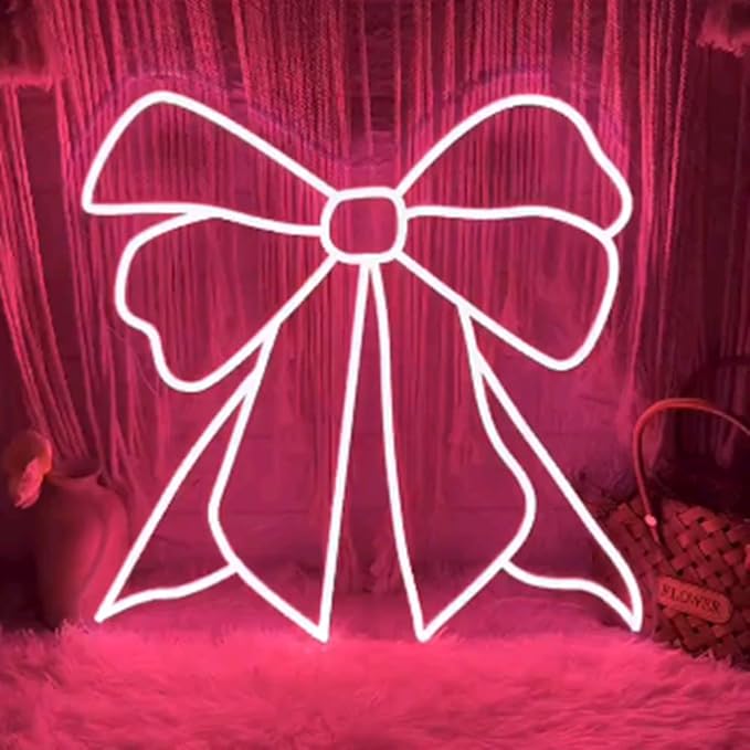 Pink Bow LED Neon Sign, Custom Bedroom Girl's Room Neon Light Sign Home Wall Dorm Beauty Room Salon Decor Party Bar Decoration Gift For Her Size:18x18inch