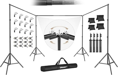 EMART Backdrop Stand, 30x7ft(WxH) Large Adjustable Background Support System with 308° Angle Rotatable Connector, 12 Clamps, 4 Sandbags and Carry Bag for Paties, Wedding, Photography Studio, Video