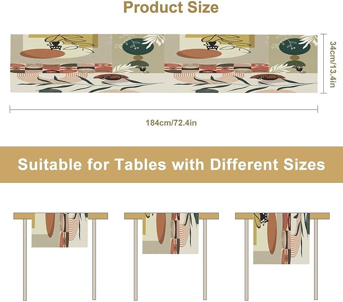 Mid Century Table Runner,Abstract Boho Plant Leaf Botanical Cat Modern Geometric Pattern Print Burlap for Hotel Indoors Outdoor Dining Room Kitchen Home Decor, 13x36in