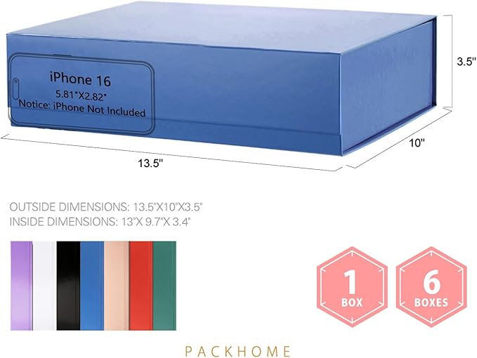 PACKHOME 6 Large Gift Boxes 13.5x10x3.5 Inches, Sturdy Shirt Boxes with Magnetic Lids for Multiple Occasions (Glossy Blue)