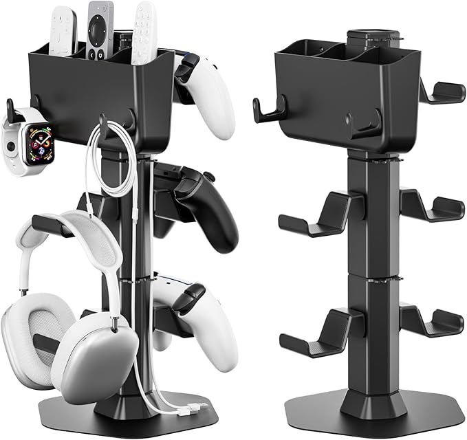 Controller Holder with Remote Control Storage Box, Headset and Controller Stand for Desk, Headphone Stand with Two Hooks for Watch Cable Key Chain, Gaming Accessories for P5/P4/Xbox/Switch