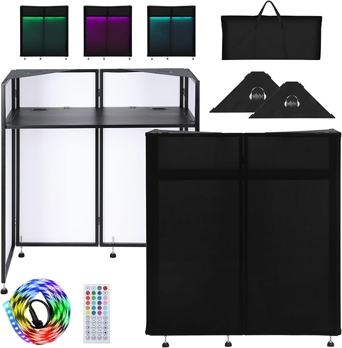 LUCKUP DJ Facade Booth 41"L x 20"W Portable DJ Facade with White & Black Scrim, Foldable DJ Table Station with LED Strips for Party, Black Metal Frame