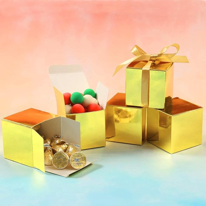 COTOPHER 25pcs Wedding Favor Boxes, Paper Gift Boxes 3x3x3 Inches Small Gift Boxes with Ribbons Small Boxes for Gifts, Crafting, Cupcake, Candy, Bridesmaid Proposal Boxes