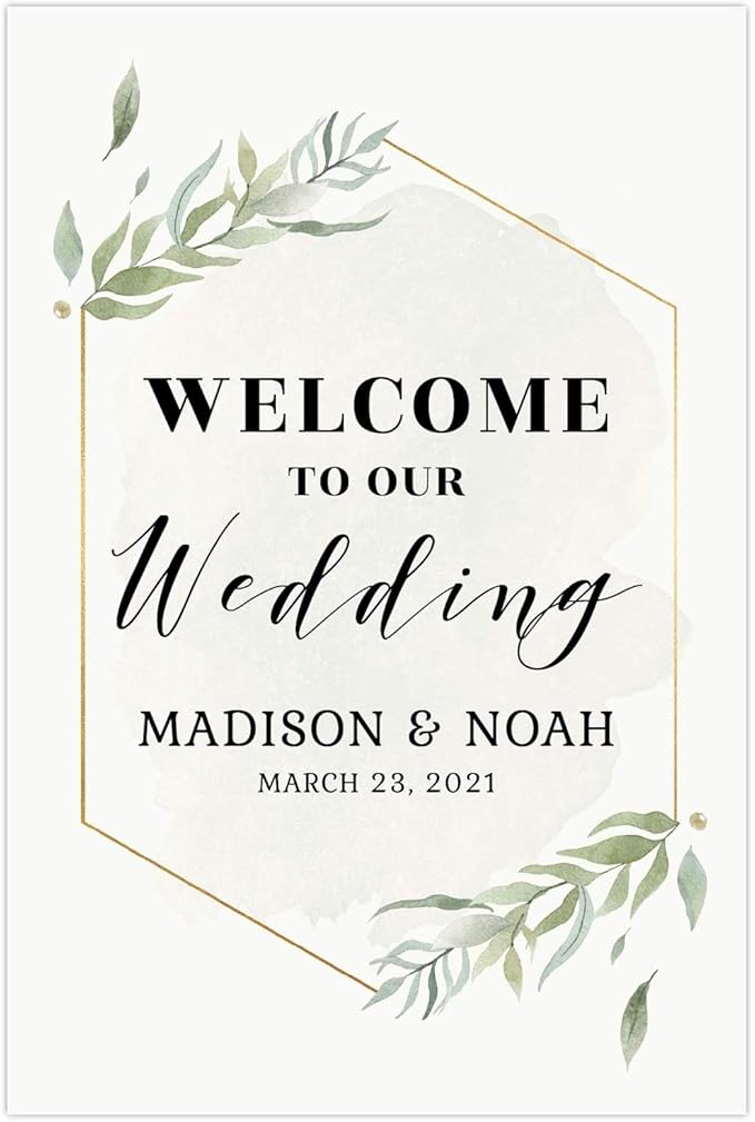 Andaz Press Personalized Extra Large Wedding Easel Board Party Sign, 12x18-inch, Modern Black, Gold with Green Leaves Florals, Welcome to Our Wedding Bride Groom Name Date, 1-Pack, Custom
