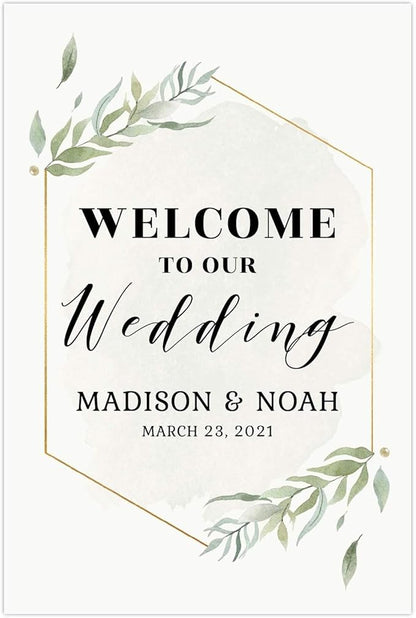 Andaz Press Personalized Extra Large Wedding Easel Board Party Sign, 12x18-inch, Modern Black, Gold with Green Leaves Florals, Welcome to Our Wedding Bride Groom Name Date, 1-Pack, Custom