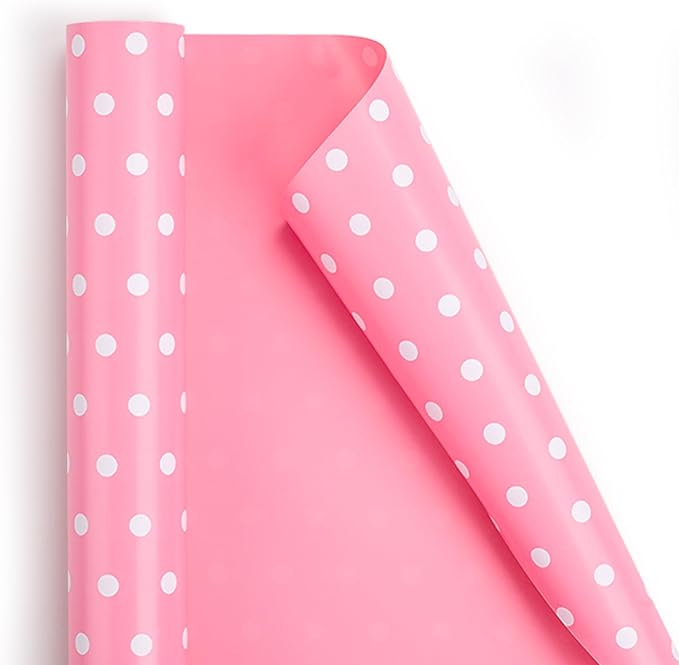 Flyhill Pink Wrapping Paper Roll,Reversible Gift Wrap Paper with Polka Dot Design for Girls,Birthday,Wedding,Baby Shower,All Holidays(17 Inch X 32.8 Feet)