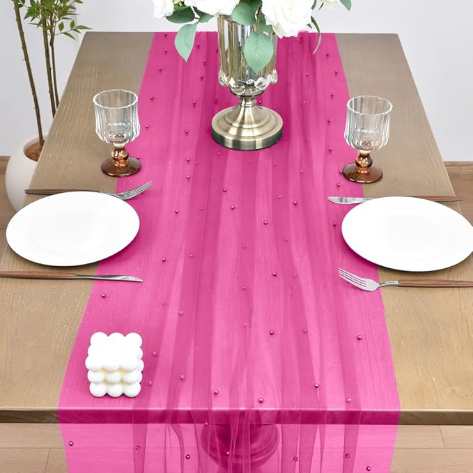 Joanlody Fall Fuschia Pearl Table Runner 10ft Rustic Boho Tulle Table Runner with Pearls for Baby Shower Wedding Party Veil Dessert Thanksgiving Table Decor Hot Pink