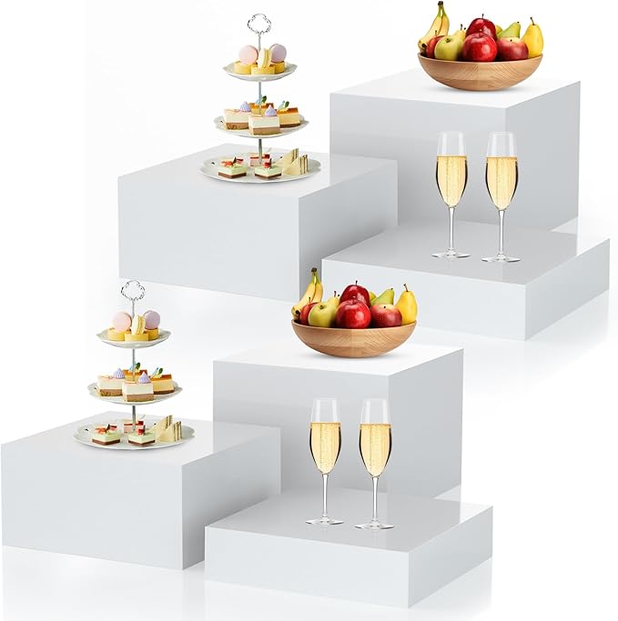 6Pcs White Buffet Risers, Acrylic Display Stand for Buffet Table Platter Parties Weddings Catering Dessert Collectibles Figures Show (6''x7''x8'')