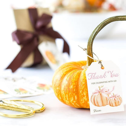 50pcs Little Pumpkin Thank You Tags, Pink Bow Fall Theme Favor Tags for Girl Coquette Baby Shower and Birthday Party Gift Wrapping Decoration (Pink Bow)