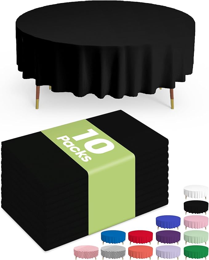 Pureegg Plastic Table Cloth Disposable 10 Pack, 84'' Round Table Cloths, Halloween Party Decorations, Summerween Decor, Halloween Tablecloths, Round, Plastic Cover, Leakproof & Sturdy, Black