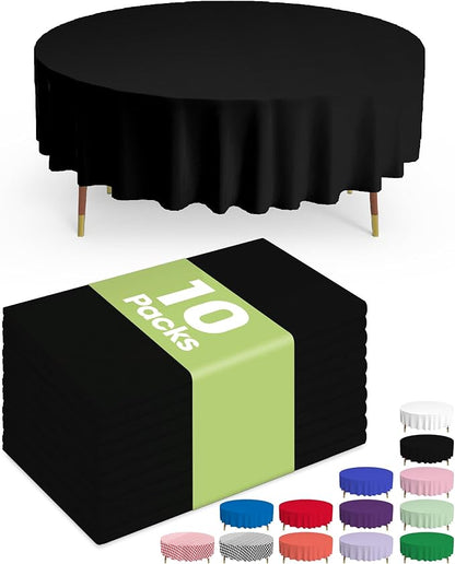Pureegg Plastic Table Cloth Disposable 10 Pack, 84'' Round Table Cloths, Halloween Party Decorations, Summerween Decor, Halloween Tablecloths, Round, Plastic Cover, Leakproof & Sturdy, Black