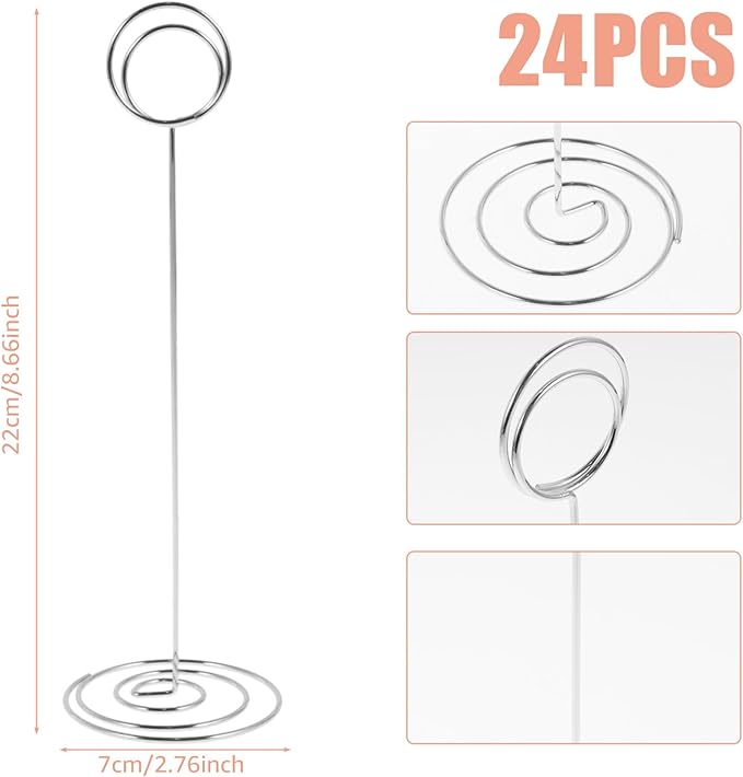 24 Pcs Table Number Holder 8.66inch Tall Metal Iron Place Card Holder Lightweight Picture Holder Stand Portable Round Shape Photo Memo Note Holder for Office Wedding Party