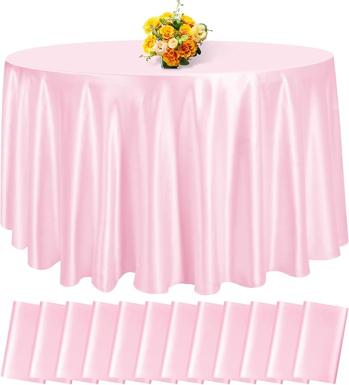 fani 12 Pack 120 Inch Light Pink Satin Tablecloth - Silky Round Tablecloth Overlay Smooth Fabric Table Cover, Bright Table Decoration for Wedding Party Banquet Events Restaurant Kitchen Dining