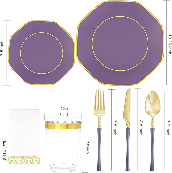 KIRE 140Pcs Purple Plastic Plates with Gold Rim& Gold Disposable Plastic Silverware with Handle&Clear Cups&Hand Napkin- Geometric Purple Plastic Plates for Parties & Mardi Gras plates