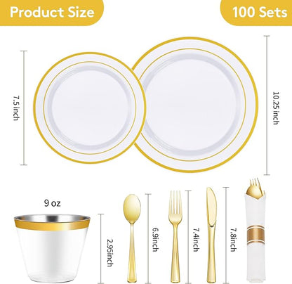 Goodluck 700 Piece Gold Plastic Dinnerware Set for 100 Guests, Disposable Plates for Party, Include: 100 Dinner Plates, 100 Dessert Plates, 100 Pre Rolled Napkins with Silverware, 100 Cups