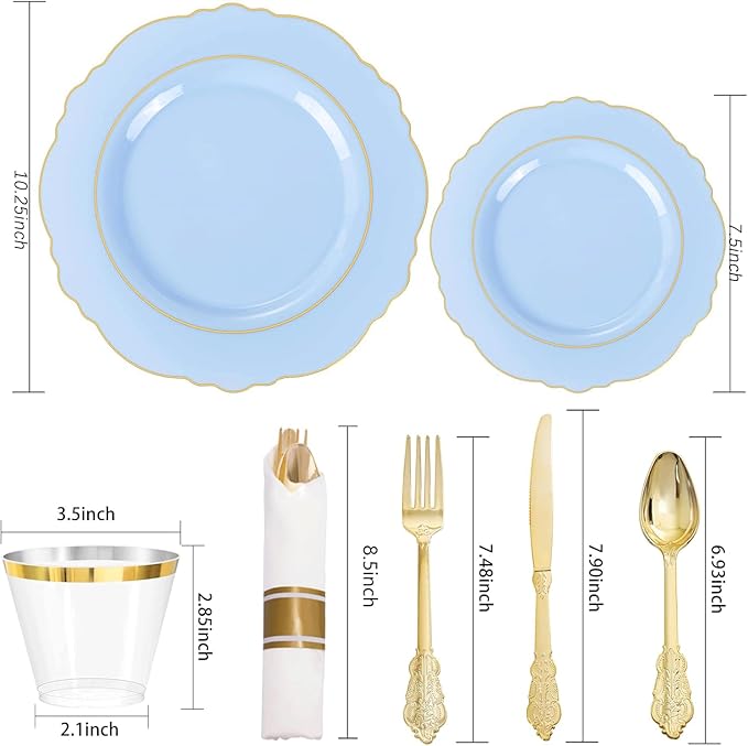 Liacere 350PCS Bule Plastic Plates - Disposable Bule and Gold Plates 50guest Baroque Plastic Dinnerware include 100Plates, 50Pack Pre Rolled Napkins with Silverware 50Cups for Wedding&Mother's Day