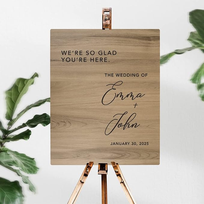 Andaz Press Large Wooden Welcome Sign for Wedding Rustic Welcome Sign 16" x 20" Custom Names So Glad You're Here Wedding Signage English Oak MDF Wood Finish Wedding Reception Indoor Outdoor Signs