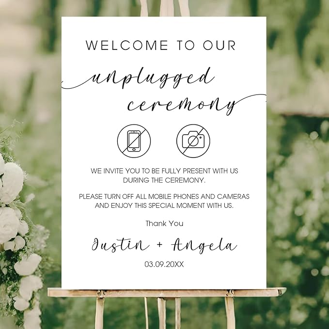 Wedding Unplugged Ceremony Yard Sign – No Phones or Cameras Icon – Outdoor Sign Personalized – Acrylic or Corrugated