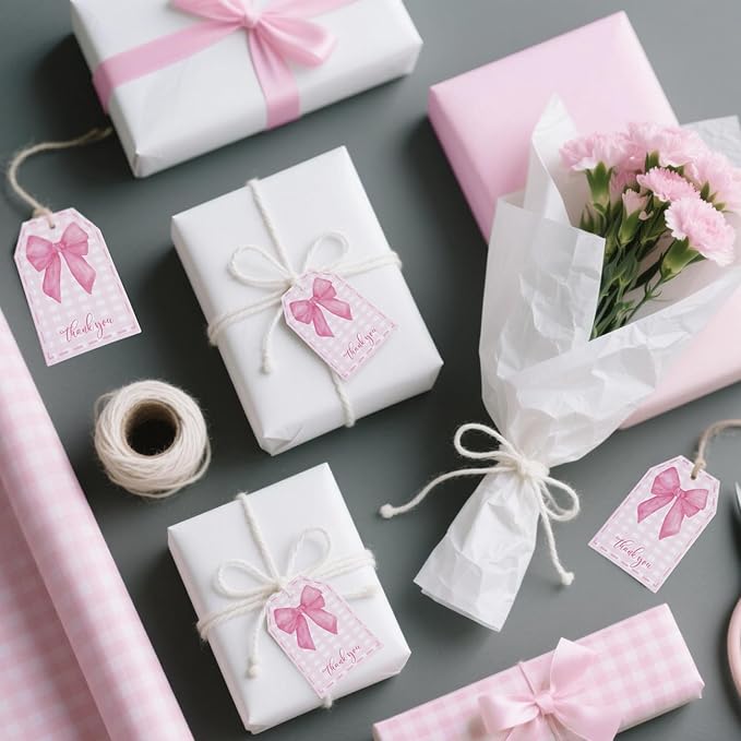 100Pcs Pink Bow Gift Tags with String Pink Buffalo Plaid Large Gift Tags with 65Ft White String Cute Thank You White Paper Tag for Coquette Birthday Baby Shower Wedding Gift Wrap Tag
