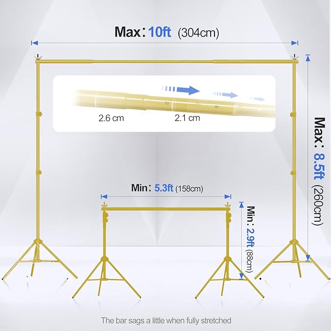 EMART Backdrop Stand 10x8.5ft(WxH) Photo Studio Adjustable Background Stand Support kit with 2 Crossbars, 8 Clamps, 2 Sandbags and Carry Bag for Parties, Events Decoration, Wedding -Titanium Gold